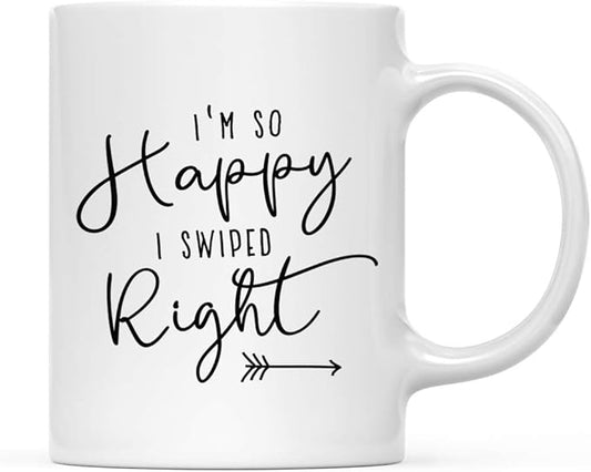 Andaz Press Valentine’s Day Funny 11oz. His Her Couples Coffee Mug Gift, I'm So Happy I Swiped Right, Arrow Graphic, 1-Pack, Gift Box