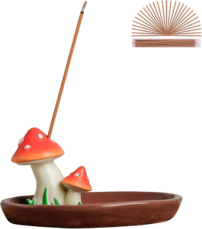 Cute Mushroom Incense Holder with 30 Incense Sticks, Handmade Resin Mushroom Incense Tray, Adorable Home Decor Accessory (Brown)