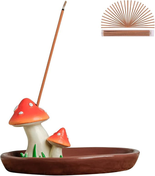 Cute Mushroom Incense Holder with 30 Incense Sticks, Handmade Resin Mushroom Incense Tray, Adorable Home Decor Accessory (Brown)