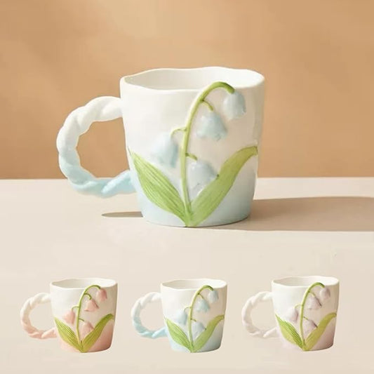 2024 Ceramic Coffe Mug with Handle, 12.85oz Cute Spring Flower Floral Handmade Figurine Mugs, Holiday and Birthday Gift for Coffee Milk Tea Lovers,Cups,Large Capacity (Blue)