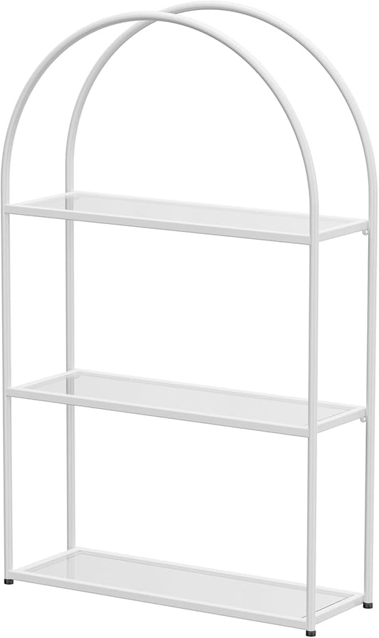 Crofy White Arched Frame Wall Shelf, Decorative 3 Tier Bathroom Wall Shelf with Transparent Tempered Glass Shelves and Robust Storage Capacity, 6" D x 17.9" W x 28.57" H
