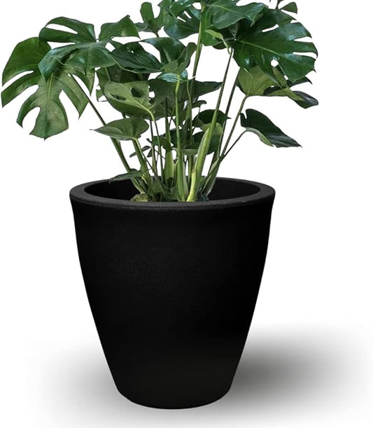 Elly Décor 12 inch Planter for Garden with Drainage, Large Round, Lightweight & Extremely Durable, Deck Indoor/Outdoor Plastic Pot, 12"x12"x7", Black