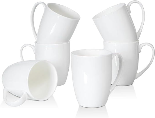 Plain White Fine Bone China Blank Coffee Mugs Set of 6, 11 Oz Tea Cups with Large Handle, Lightweight Ceramic Coffee Mugs, Aesthetic Coffee Cups