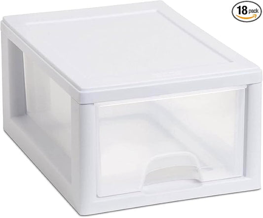 Sterilite 18-Pack Stacking Drawers, Clear Storage Closet Organizer, White Frame, 6 Quart