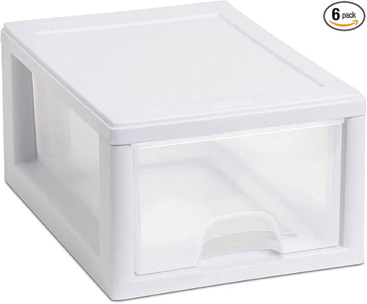 Sterilite 6-Pack 6 Quart Stacking Drawer, Clear Storage Closet Organizer, White Frame - Stackable Modular Plastic Drawers for Clothes, Accessories, Craft Supplies, Shoes or Linens