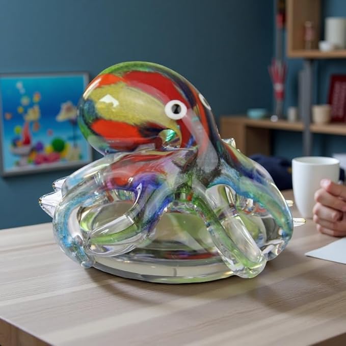 Hand Blown Glass Octopus Figurine with Iridescent Tentacles & Polished Crystal Base, Sea Life Figurines for Decorating Fish Tank Aquariums, Glass Paperweight (Multicolor)