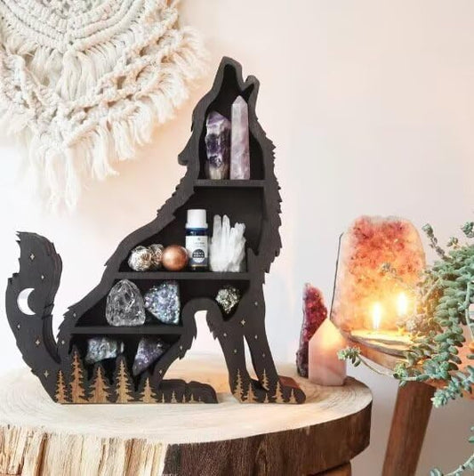 Wolf Crystal Shelf Display Rustic Wooden Wolf Shelves Crystal Holder Shelves Wooden Floating Shelf for Rock Gemstones Meditation Spiritual Gift for Home Bedroom