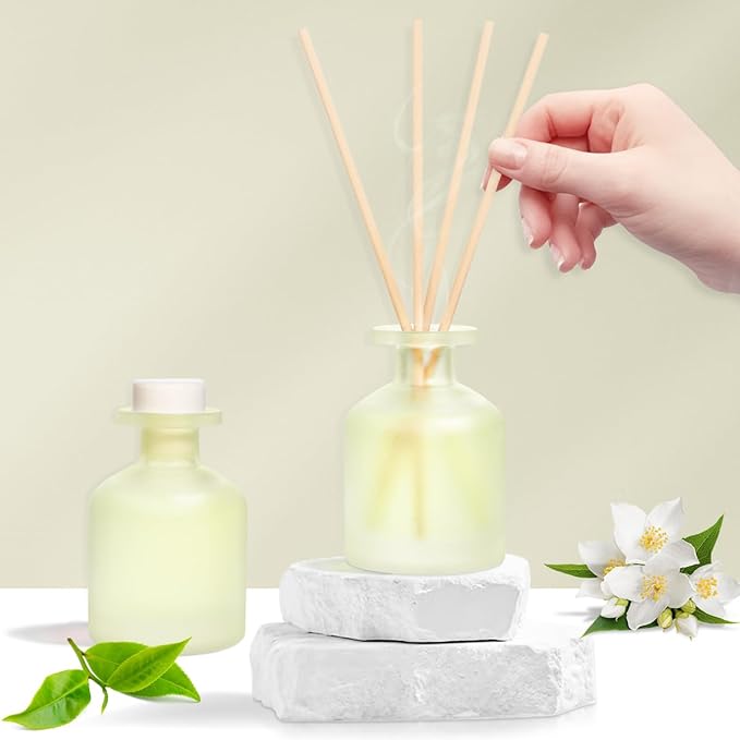 Reed Diffuser - Jasmine Green Tea 3.38oz (100ml) 2 Packs Essential Oil Reed Diffuser Set with 16 Sticks, Long Lasting Fragrance for Home, Bathroom, Bedroom, Room, Decor