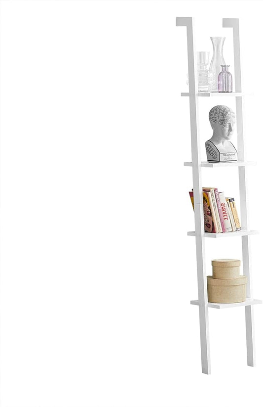 Haotian Ladder Shelves, 4-Tier Storage Display Organizer Rack, Wall-Leaning Bookshelf, Wooden Wall Shelf for Bathroom Living Room Study Room, White FRG15-W