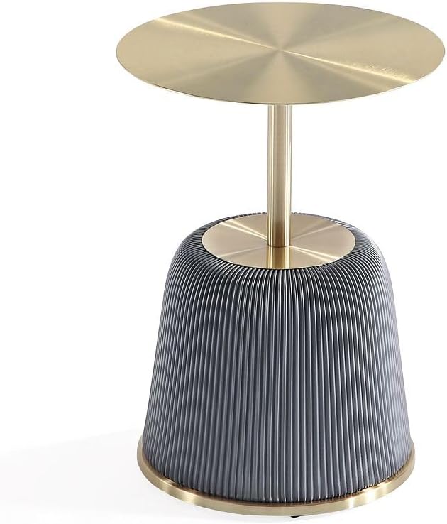 Manhattan Comfort Anderson Modern 15.75" Round End Tables 1.0 - Elegant Leatherette Upholstered Base with Pleated Design & Gold Steel Tabletop, Fully Assembled Accent Furniture, Set of 1, Grey