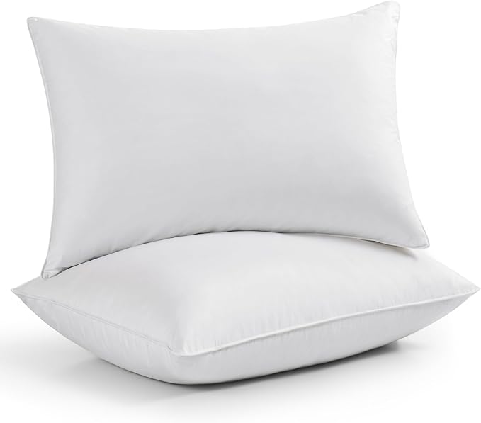 Goose Down Feather Pillows, Soft Bed Pillows Standard Size Set of 2, 100% Soft Cotton Shell, Bedding Pillow for Back, Stomach or Side Sleepers