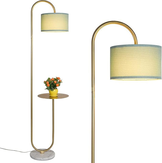 Hsyile KU300272 Arc Floor Lamp with Hanging Drum Shade for Living Room-Marble Base Modern Tall Stand Up Light with Table, Contemporary Over The Couch Gold Lamp Standing Lamps for Bedroom Office