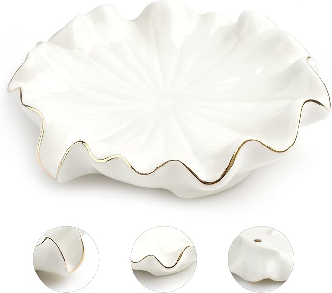 Ceramic Self Draining Soap Dish White Lotus Leaf Soap Holder Waterfall Soap Dish Soap Savers for Bar Soap, for Bathroom, for Shower, for Bar Counter