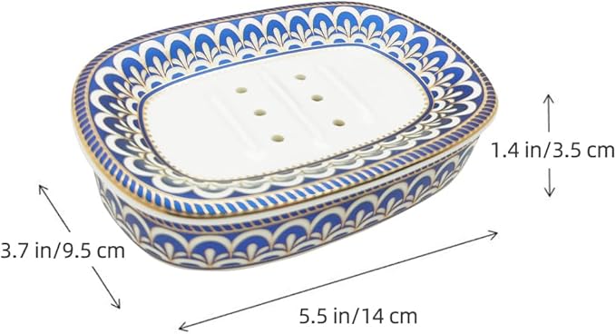 Self Draining Soap Dish, Double-Layer Bar Soap Tray, White Ceramic Soap Dish with Elegant Patterns (Style C)