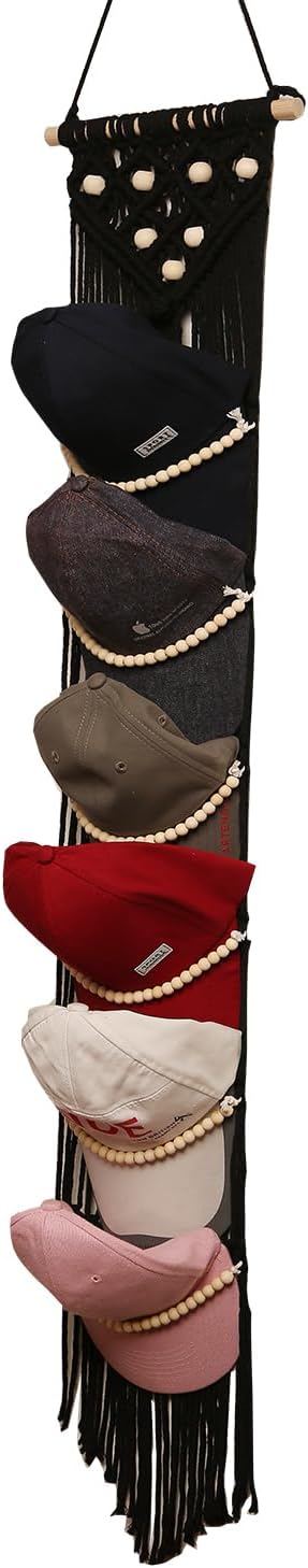 Ball Cap Hanger-1 Pack-Boho Macrame Cap Holder Wall Hat Organizer for Baseball Cap Holder Over Door, Hat Rack for Wall, Cap Rack for Decoration and Display（Black
