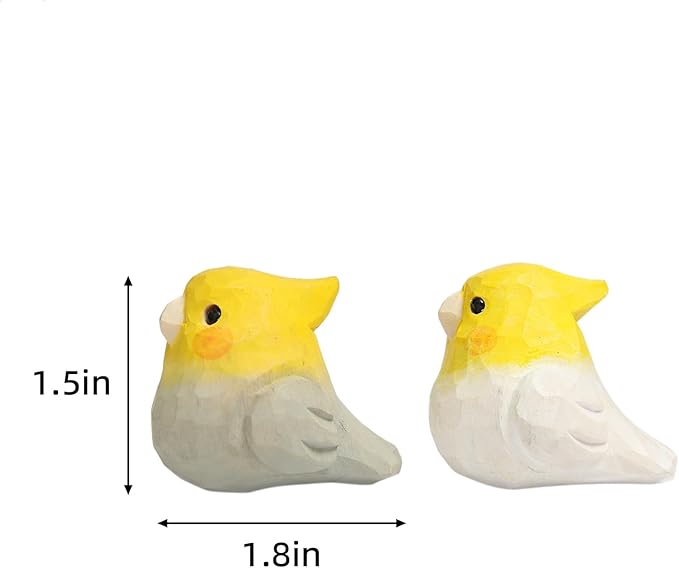 1 Pair Handmade Wooden Cockatiel Figurines – 1.8" Carved Parrot Sculptures, Cute Nymphicus Hollandicus Bird Decor for Shelf, Desk, Gift, or Home Display