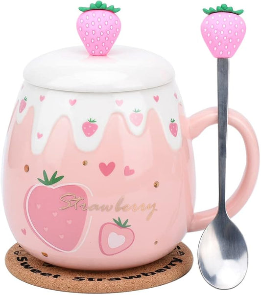 Pink Mug,Kawaii Strawberry Cup,Cute Ceramic Coffee mug with Lid and Lovely Spoon,Sweet Coaster,Novelty Morning Cup, Christmas Birthday Gift Cute Thing Korean Mug for girls women (Big Strawberry)