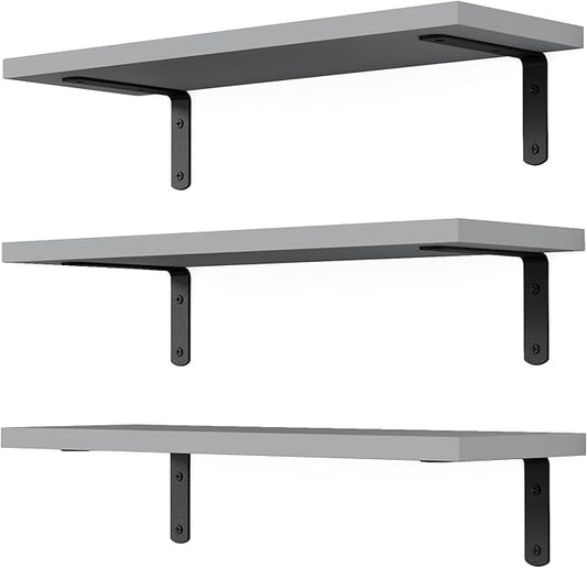 Floating Shelves, 3 Sets Wall Wooden Shelves for Décor, Mounted Bathroom Shelf Storage, Book Wall, Bedroom, Living Room – Grey, HM02