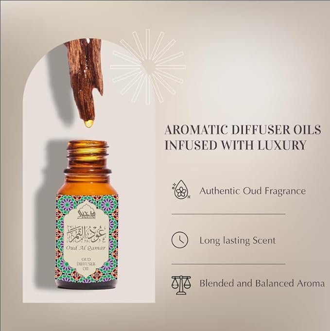 Oud Diffuser Oil, Oud Al Qamar by Dukhni | 3 x 10ml Arabic Oil for Diffuser & humidifier | 100% Pure Halal, Oudh Essential Oil Blend | Relax with Home Aromatherapy, for Relaxation and Massage