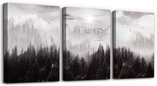 Canvas Wall Art - Boho Wall Decor for Living Room, Bedroom & Office - Foggy Forest Trees Scenery - Farmhouse Large Size 3 Piece
