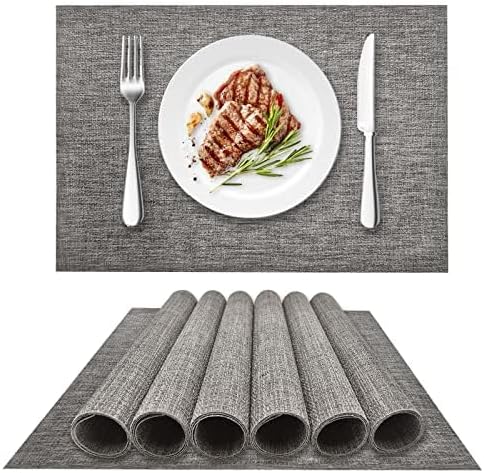 DACHUI Placemats Set of 6, Linen Look Woven Place Mats, Water Resistant, Heat Resistant, Washable, Durable Table Mats (Grey)