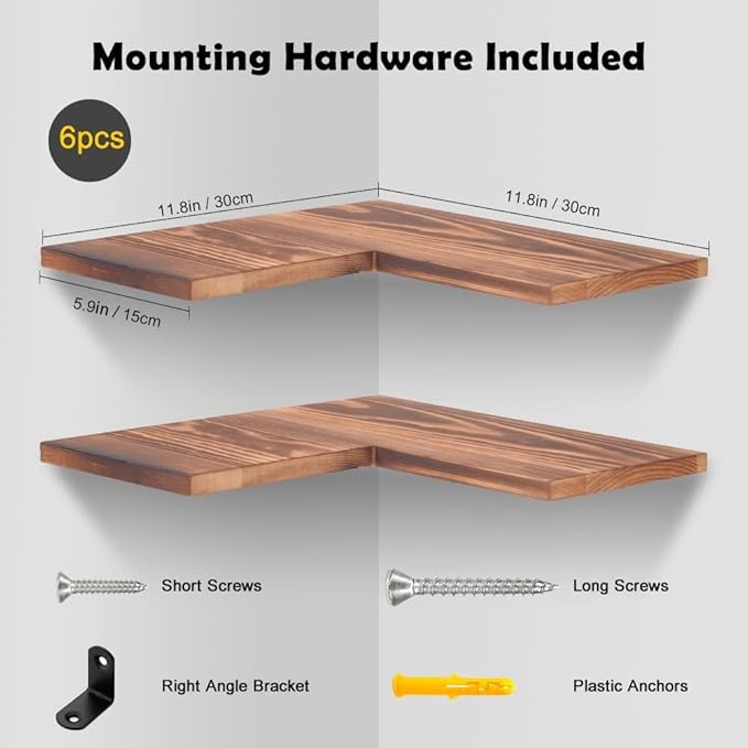Solid Wood Set of 6 L-Shaped Corner Floating Shelf Wall Mounted Rustic Wooden Corner Shelf Hanging Wall Storage Shelf, Corner Wall Shelf Carbonized Brown, 12 inch-6 Packs