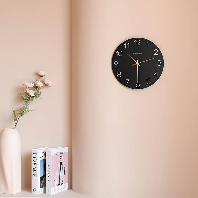 mooas Flatwood Black Wall Clock,12" Non-Ticking Sweep Movement Decorative Modern Battery Operated Decorative Wall Clock for Home Living Room Kitchen Bedroom Office School Cafe Hotel (Black)