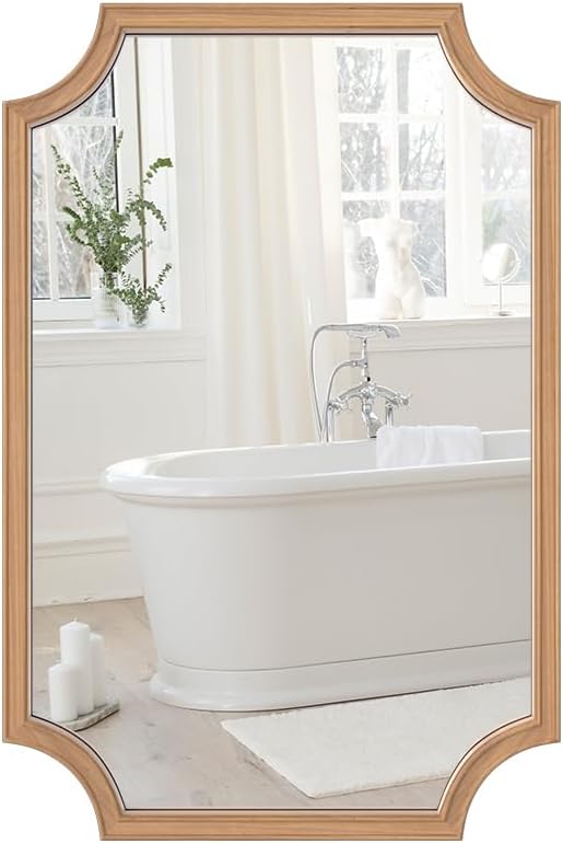 WallBeyond 24" x 36" Full Scalloped Corners Arch Rectangle Wall Mirror with Wood Frame for Entryway, Living Room or Bedroom Home Decor - Light Woodgrain [24" x 36" Honey-Colored]