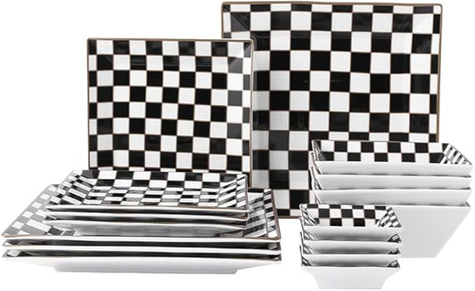 Porlien Checker Porcelain Square Dinnerware Set for 4, Dishes Set for 4 with 3.3-inch Dipping Saucers, Black and White Plates and Bowls Set