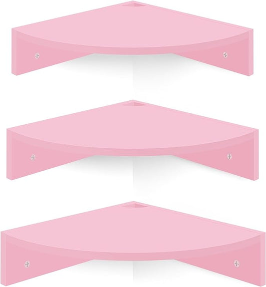 Homode Corner Shelf Wall Mount, Set of 3 Corner Floating Shelves with Cable Hole, 3 Tier Wood Corner Hanging Shelves, Living Room Bedroom Bathroom, Pink