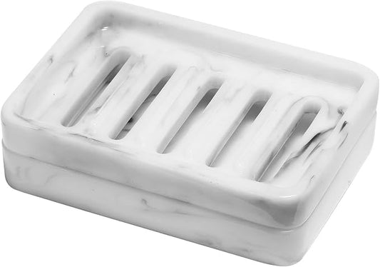 Shinowa Resin Soap Dish, Self-Draining Bar Soap Tray with Drainable Board, Dual Layer Sponge Holder for Bathroom Kitchen Shower Bathtub Sink Counter-top, Marble White