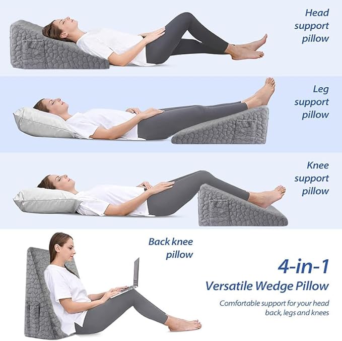 Triangle Wedge Pillow for Sleeping Bed Wedge Pillow for After Surgery Elevated Pillow Wedge for Acid Reflux Gerd Snoring Back Pain, 2 Exclusive Pockets | Cooling Gel Memory Foam Top