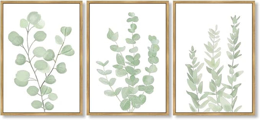 Drsoum Framed Botanical Plant Canvas Wood Wall Art Light Green Sage Wall Decor Eucalyptus Leaf Picture for Bedroom Living Room Bathroom Office 12”x 16” x 3pcs