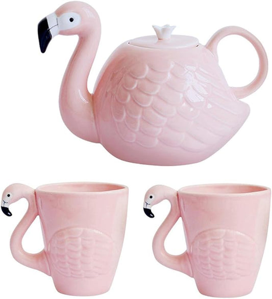 JointVictory Flamingo Coffee Mugs and Teapot Set 15 Ounce Ceramic Flamingo Cups 34 Ounce Porcelain Teapot for Women,Wife Birthday,Mother Day,Girlfriend,Grandma (Set of 3)