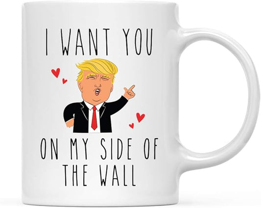 Andaz Press Valentine’s Day Funny 11oz. His Her Couples Coffee Mug Gift, I Want You On My Side Of The Wall, Donald Trump Heart, 1-Pack, Trump Valentines Day Cup Valentines Mugs