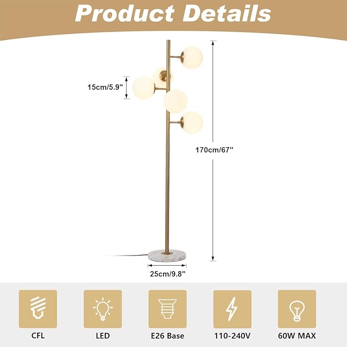 KCO Lighting 5-Light Frosted White Glass Globe Floor Lamp Mid Century Modern Gold Tall Pole Standing Light LED Standing Lamps with Foot Switch for Home Office (Gold)