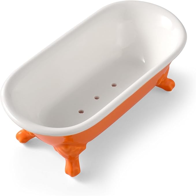 6.5" Ceramic Mini Decorative Clawfoot Bathtub Bar Soap Dish, Kitchen Sponge Holder and Shower Tray for Bathroom, 1 Pack(Tangerine)