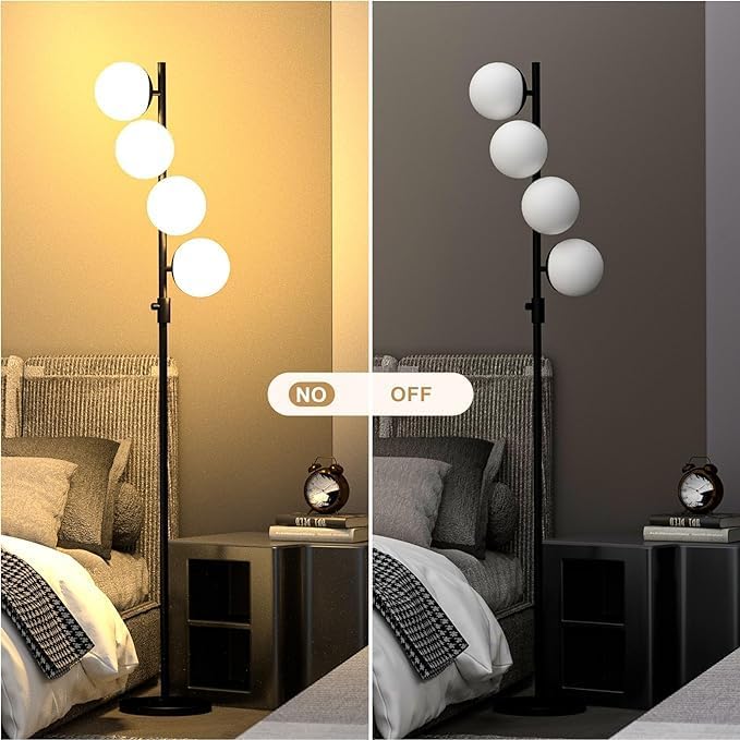 64IN Dimmable Black Floor Lamp, Tall Standing Lamps with 4 Globe Soft Warm White Eye Care 3000K G9 Bulbs, Mid Century Modern Floor Lamp for Bedroom Office