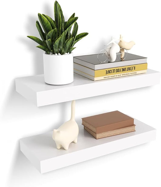 Habudda Floating Shelves, Natural Wall Shelf, White Wooden Rustic Decor for Bathroom Kitchen Bedroom, 17 Inches Hanging Mounted Invisible Bracket, 2 Set