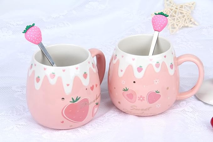 Pink Mug, Cute Strawberry Cup with Cover Spoon, Ceramic Cute Coffee Mugs with strainer, Kawaii Cup for Tea Milk, Gift for Women Girls Student Korean Style 450ML Christmas Birthday