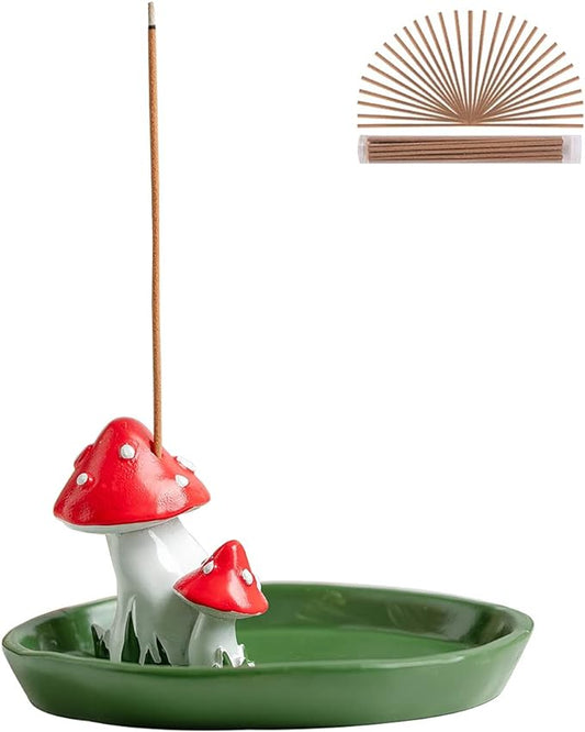 Cute Mushroom Incense Holder with 30 Incense Sticks, Handmade Resin Burner, Nature Theme Incense Tray, Adorable Home Decoration Accessories(Green)