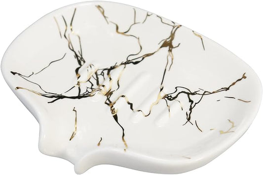 Gold Marble Texture Soap Dish Ceramic Soap Holder Self Draining Soap Dish Waterfall Slot Sponge Holder Bathroom Accessories for Bathroom, Kitchen,Bar Counter.