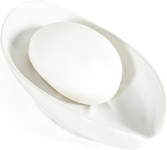 Soap Holder, Self Draining Soap Dish, Leaf Shape Ceramic Bar Soap Holder Drain Soap Dishes for Bathroom Sink Kitchen, Easy to Clean Keeps Soap Dry, White, ANTIS'S HOME
