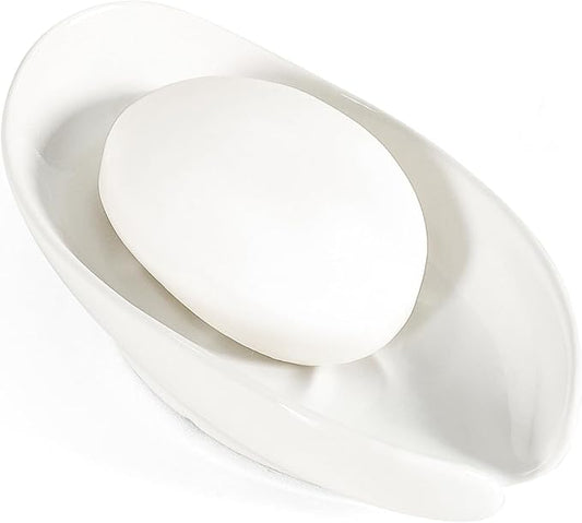Soap Holder, Self Draining Soap Dish, Leaf Shape Ceramic Bar Soap Holder Drain Soap Dishes for Bathroom Sink Kitchen, Easy to Clean Keeps Soap Dry, White, ANTIS'S HOME