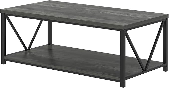 EXCEFUR Coffee Table, Rustic Wood and Metal Living Room Table, Industrial Rectangle Center Table with Storage Shelf, 47 Inch Grey