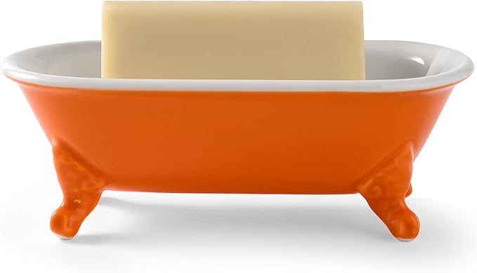6.5" Ceramic Mini Decorative Clawfoot Bathtub Bar Soap Dish, Kitchen Sponge Holder and Shower Tray for Bathroom, 1 Pack(Tangerine)