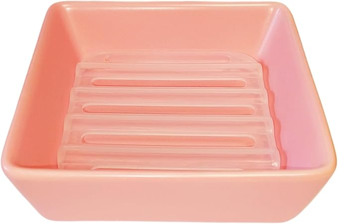 Square Soap Case Ceramic Soap Tray Fit Dr. Squatch Natural Bar Durable Soap Holder for Shower Home Bathroom Soap Dishes Daily Use Sink Bathtub (Pink)