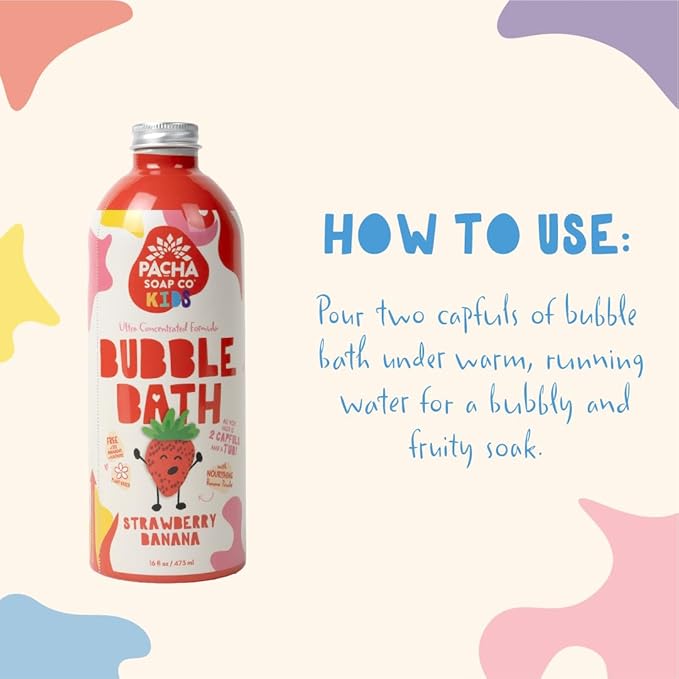 Pacha Soap Co. Kids Bubble Bath, Strawberry Banana, 2 Pack - Make Bathtime Fun & Squeaky Clean, Ultra-Concentrated, Foaming, Plant-Based, Vitamin Rich, Non-Toxic, Tear-Free, Recyclable