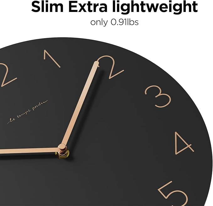 mooas Flatwood Wall Clock Pendulum Black,12" Wood Wall Clock Non-Ticking Sweep Movement Decorative Clock Battery Operated Clock for Home Living Room Kitchen Bedroom Office School