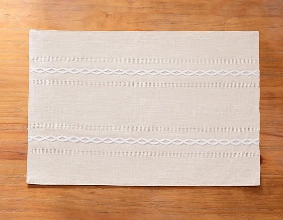 Wracra Cotton Linen Placemats, 12 x 18 Inch Set of 6 Placemats Rustic Hemstitch Place Mats for Kitchen Table and Heat Resistant-Hemstitch Ivory